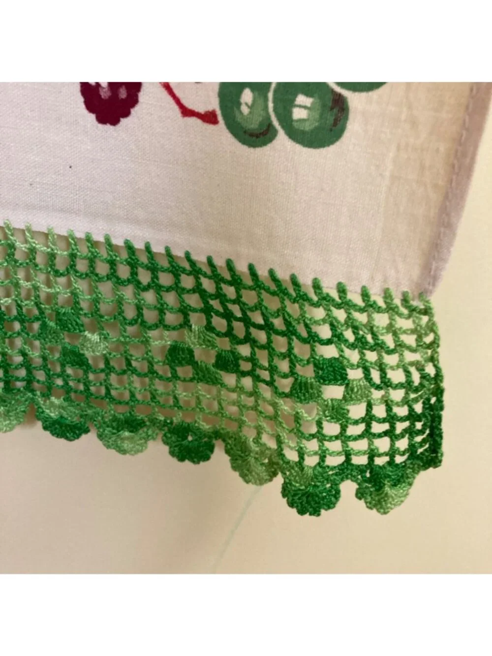 Vintage Table Runner Floral Fruit Crocheted Trim Green Purple Dresser Flaws